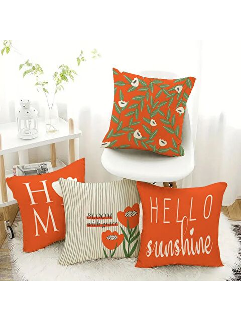Evmila Bahar Temalı Kadife Kırlent Kılıfı 4'lü Set 43x43 cm Çift Taraf Baskı - S000370692-23173