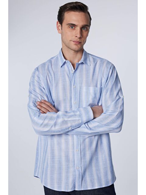 TUDORS Erkek Regular Fit Klasik Kesim %100 Pamuk Keten Doku Tek Cepli Çizgili Gömlek