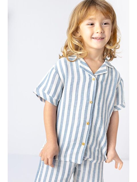 MİNİNİO Erkek Çocuk İndigo Çizgili Müslin Gömlek - S000315811-17234
