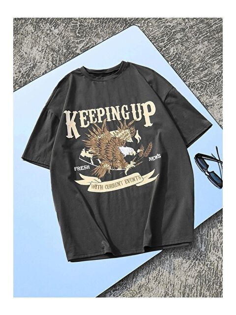 Trendseninle Unisex Füme Keeping Up Baskılı Oversize Tişört