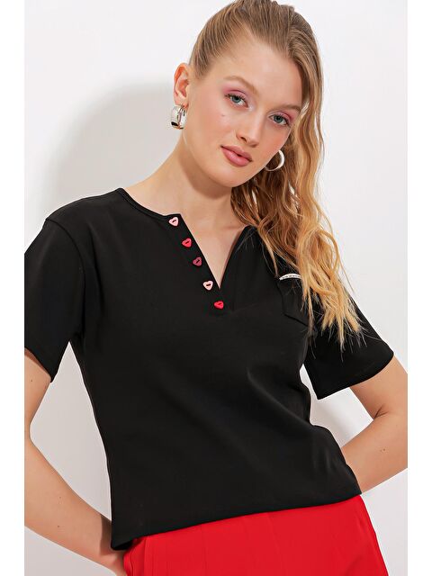 Bigdart Kadın Siyah Düğme Detaylı Kısa Kol Tişört 903 - S000162371-19351