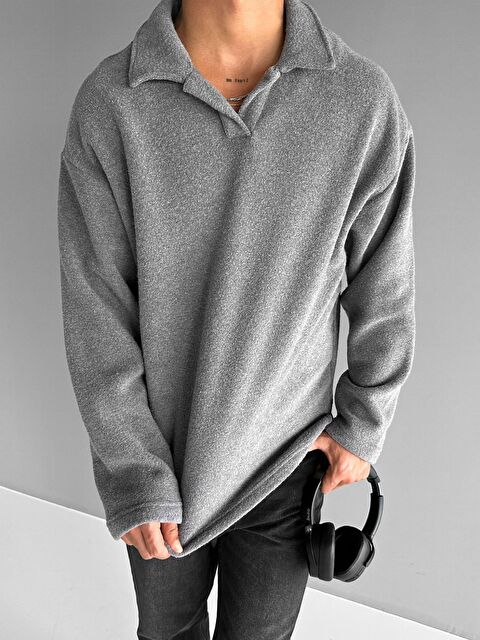 Abluka Online Erkek Polo Yaka Polar Sweatshirt Füme - S000295388-33408