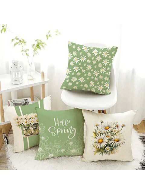 Evmila Bahar Temalı Kadife Kırlent Kılıfı 4'lü Set 43x43 cm Çift Taraf Baskı - S000370695-23173