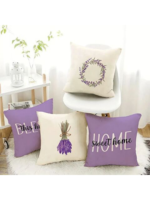 Evmila Bahar Temalı Kadife Kırlent Kılıfı 4'lü Set 43x43 cm Çift Taraf Baskı - S000370699-23173