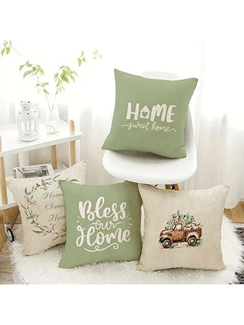 Evmila Bahar Temalı Kadife Kırlent Kılıfı 4'lü Set 43x43 cm Çift Taraf Baskı - S000370703-23173