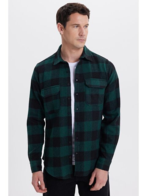 TUDORS Erkek Slim Fit Dar Kesim Uzun Kollu Kapaklı Çift Cepli Kareli Kışlık Oduncu Gömlek - S000493697-23173