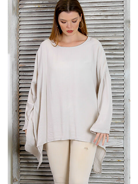 Chiccy İtalyan Bej Yuvarlak Yaka Uzun Kol Casual Keten Karışımlı Asimetrik Örme Tunik - S000360089-19928