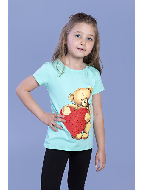 Toontoykids Kız Çocuk Kalpli Ayıcık Baskılı Taş İşlemeli Tişört