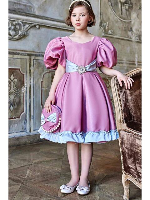 Riccotarz Kız Çocuk Balon Kollu Belinde Broş ve Kemer Detaylı Etek Ucu Fırfırlı Pembe Abiye