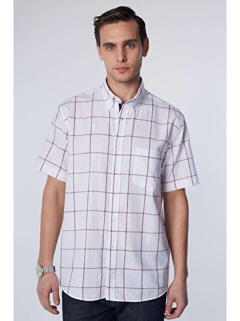 TUDORS Erkek Regular Fit Klasik Kesim %100 Pamuk Keten Doku Tek Cepli Kareli Düğmeli Yaka Gömlek