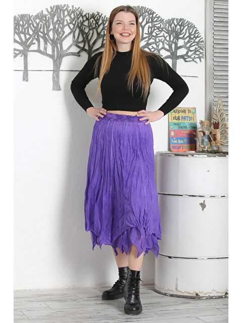 Chiccy Mor Astarlı Yıkamalı Lastikli Bel Casual Asimetrik Dokuma Etek - S000331913-20042