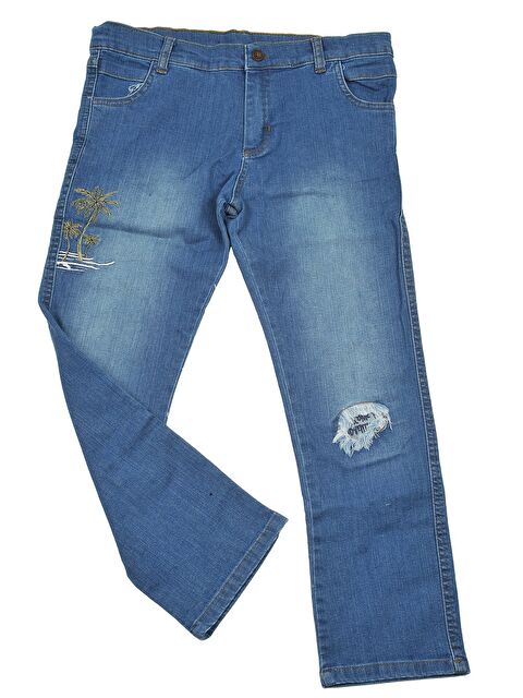 MİNİNİO Erkek Çocuk Mavi Palmiye Nakışlı Jean Pantolon (5-14Yaş) - S000315817-17234