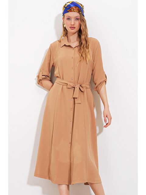 Bigdart Kadın Camel Kuşaklı Gömlek Elbise 2442 - S000132615-37258