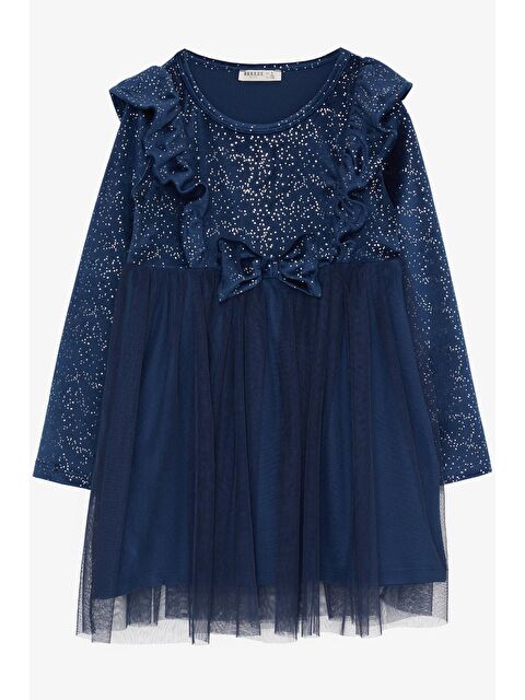 Breeze Kız Çocuk Kadife Elbise Fiyonklu Simli Tüllü Lacivert (4 Yaş) - S000166746-21164