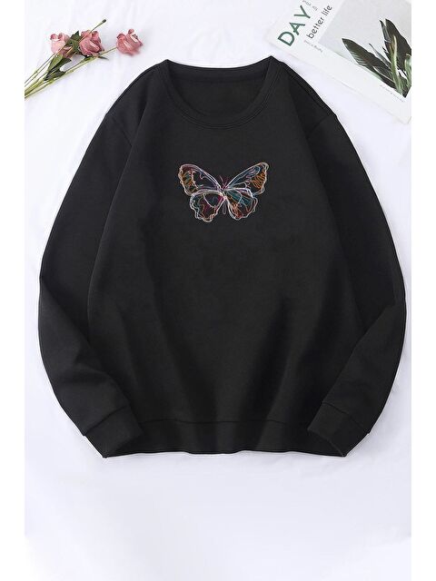 uyguntarz Unisex Butterfly Baskılı Bisiklet Yaka %100 Pamuk Sweatshirt - S000269227-19351