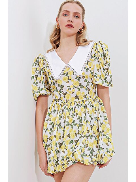 Bigdart 2478 Çiçekli Mini Elbise - Sarı - S000156852-20072