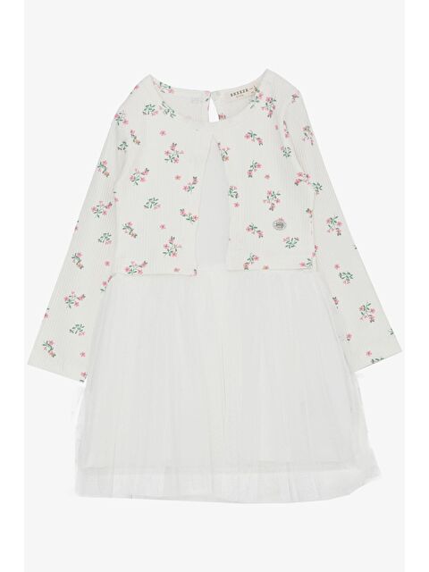Breeze Kız Çocuk Uzun Kollu Ebise Tüllü Çiçek Desenli Beyaz (3-8 Yaş) - S000109356-20063