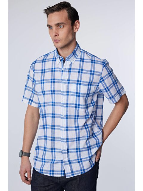 TUDORS Erkek Regular Fit Klasik Kesim %100 Pamuk Keten Doku Tek Cepli Kareli Düğmeli Yaka Gömlek