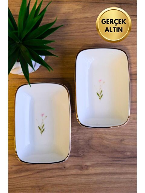 TABAK EVİ Porselen Natura Çuha Altın Yaldızlı Dikdörtgen Kayık Tabak 12x8,50cm 2 li - S000487380-23173