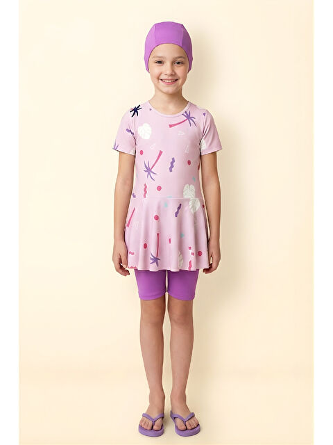 Modanino Kız Çocuk 3'lü Mayo Takımı (Tunik Boy Üst+Diz Boy Alt ve Bone) 7-16 Yaş 12600B