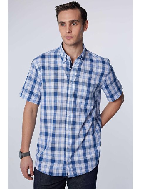 TUDORS Erkek Regular Fit Klasik Kesim %100 Pamuk Keten Doku Tek Cepli Kareli Düğmeli Yaka Gömlek