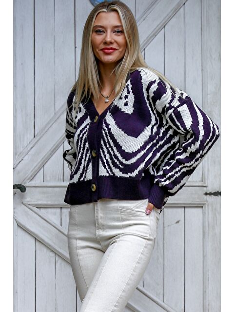 Chiccy Mor-Beyaz Uzun Kol Desenli Düğmeli Triko Casual Hırka - S000360102-37382