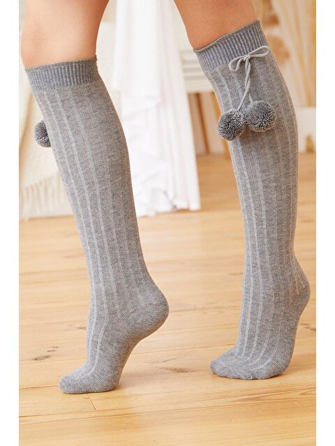 Bony Socks Ponpon Kız Çocuk Dizüstü Çorap Gri - S000232130-20600