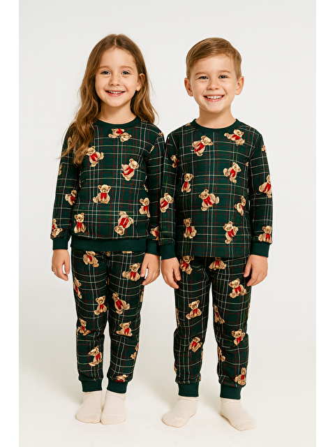 Zepkids Bisiklet Yaka Ayıcık Baskılı Yeşil Renk Unisex Çocuk Pijama Takımı - S000487439-18194