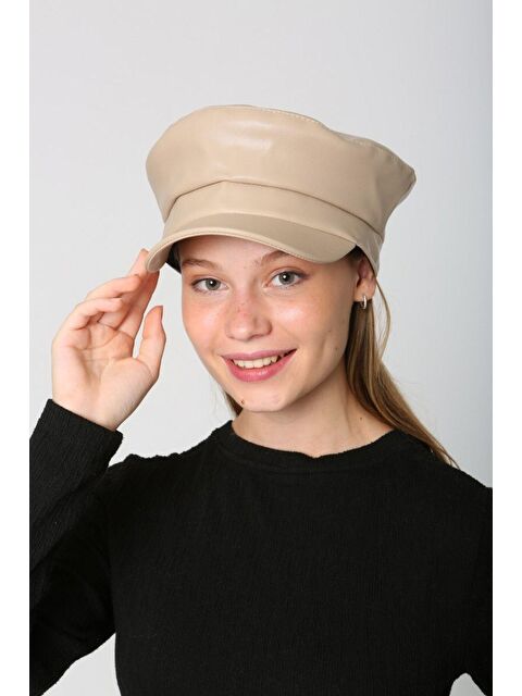 Luminos Butik Kadın Bej Deri Kaptan-denizci Şapka Spk1127 - S000250395-19928