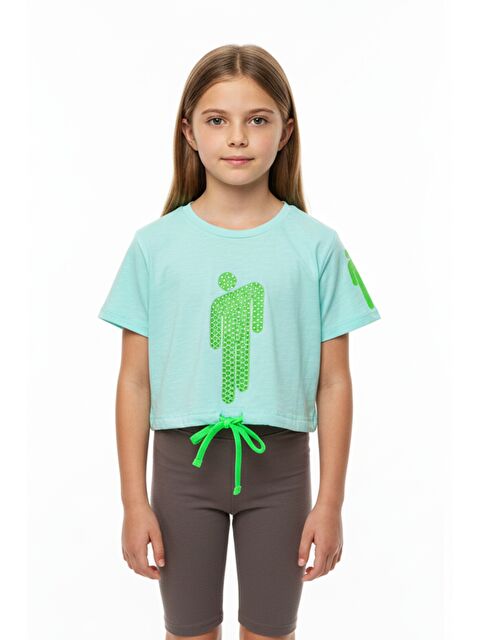 Toontoykids Kız Çocuk Crop Model Baskılı Taş İşlemeli Tişört