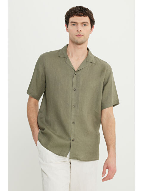 Altınyıldız Classics Erkek Haki Keten Comfort Fit Rahat Kesim Hawai Yaka Gömlek - S000402549-18547