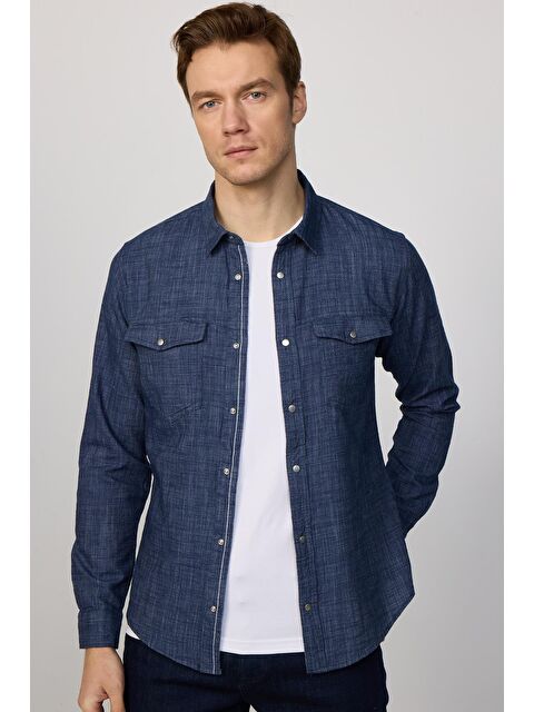 TUDORS Slim Fit Uzun Kollu Dar Kesim %100 Pamuk Çift Cep Çıtçıtlı Düz Yazlık Lacivert Erkek Gömlek