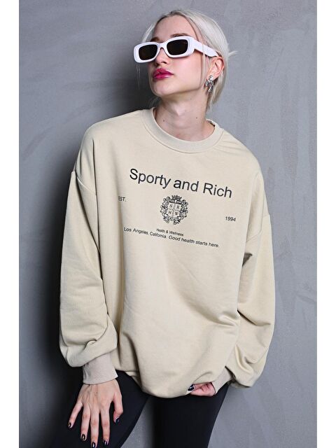 Madmext Bej Bisiklet Yaka Baskılı Oversize Kadın Sweatshirt Mg1577 - S000030597-19928