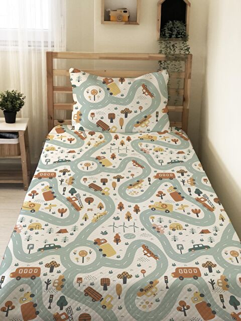 Evmila Yol Desenli Soft Baskılı  Tek Kişilik Pike  150x220 Cm - Beyaz - S000126177-23173