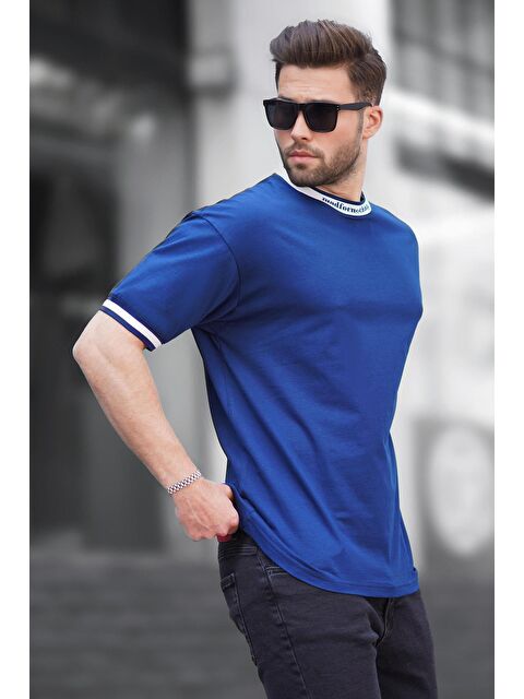 Madmext Lacivert Bisiklet Yaka Şeritli%100 Pamuk Tişört 7022 - S000192811-21164