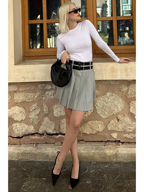 Madmext Gri Pileli İki Kemerli Kadın Etek Mg2246 - S000296833-20600