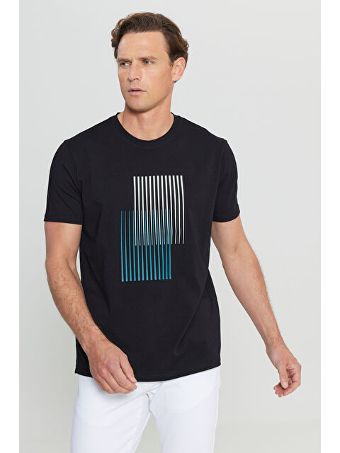Altınyıldız Classics Erkek Siyah Pamuklu Slim Fit Dar Kesim Bisiklet Yaka Baskılı Esnek Tişört - S000402593-19351