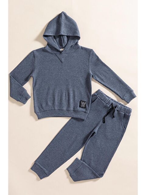 For You Kids 2 Li Kapüşonlu İndigo Waffle Sweat Jogger Alt Üst Takım - S000300218-23093