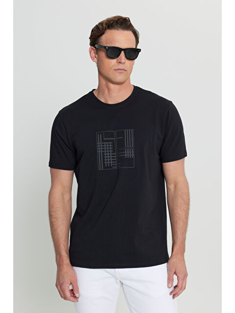 Altınyıldız Classics Erkek Siyah Pamuklu Slim Fit Dar Kesim Baskılı Esnek Tişört