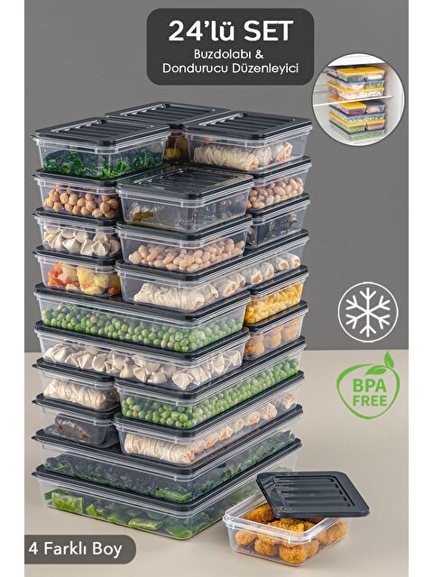 Meleni Home Mikrodalga ve Difriz Uyumlu 24 Parça Saklama Kabı Seti 2x2400Ml 4x1200Ml 6x1170Ml 12x600Ml  Antrasit - S000378902-29666