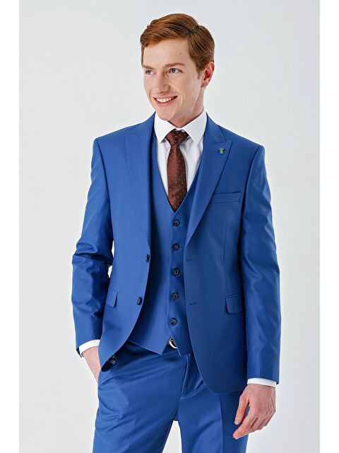 İMZA Saks Gabardin Kırlangıç Yaka Yelekli 6 Drop Slim Fit Klasik Takım Elbise 1001240187 - S000349588-23710