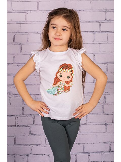 ZEYLAND Kız Bebek Deniz Kızı Baskılı Beyaz Kolları Fırfırlı Tişört - S000326066-20063