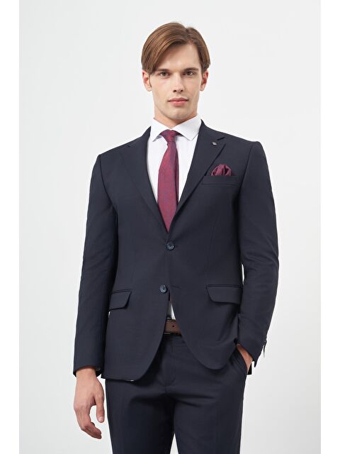 İMZA Koyu Lacivert Armürlü Mono Yaka Tam Astar Esnek 6 Drop Slim Fit Classic Takım Elbise 1001245175 - S000348858-29672