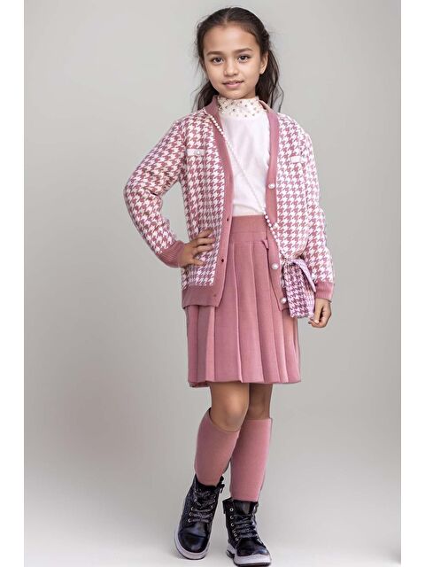 Riccotarz Kız Çocuk Kolları ve Yakası İnci Detaylı Bluz Kazayağı Desenli Triko Ceket Pembe Etekli Takım - S000292462-20024
