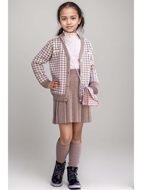Riccotarz Kız Çocuk Kolları ve Yakası İnci Detaylı Bluz Kazayağı Desenli Triko Ceket Gri Etekli Takım - S000292463-20600