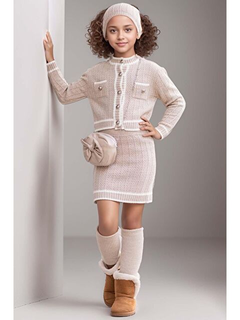 Riccotarz Kız Çocuk Gümüş Düğme ve Şerit Detaylı Ceket Örgü İşlemeli Bej Triko Etekli Takım - S000292465-19928