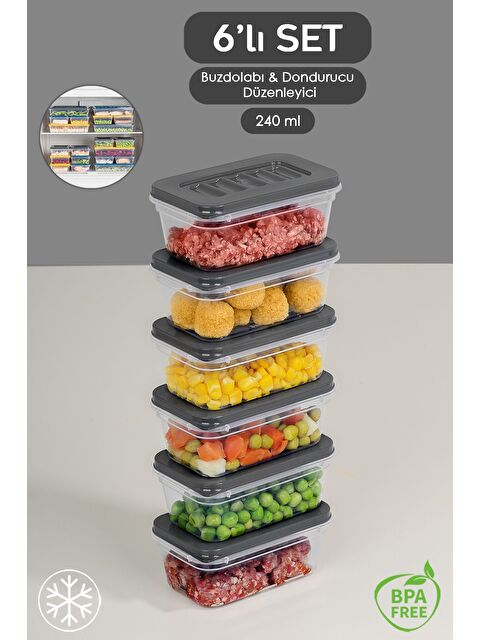 Meleni Home 6 lı Buzdolabı Düzenleyici Organizer   Mikrodalga ve Difrize Uygun Saklama Kabı   6x240ml Antrasit - S000378913-29666
