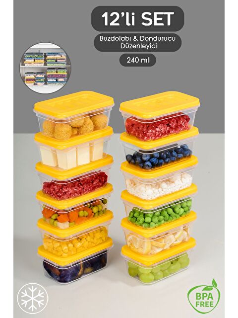 Meleni Home 12'li Buzdolabı Düzenleyici Organizer Mikrodalga ve Difrize Uygun Saklama Kabı 12x240 ml Sarı - S000378917-20072