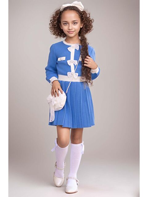 Riccotarz Kız Çocuk Beli Şerit ve Göğsü Fiyonk Detaylı Eteği Piliseli Mavi Şifon Elbise - S000292467-17234