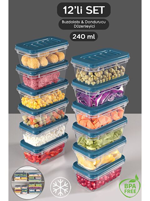 Meleni Home 12'li Buzdolabı Düzenleyici Organizer Mikrodalga ve Difrize Uygun Saklama Kabı 12x240 ml Mavi - S000378953-17234